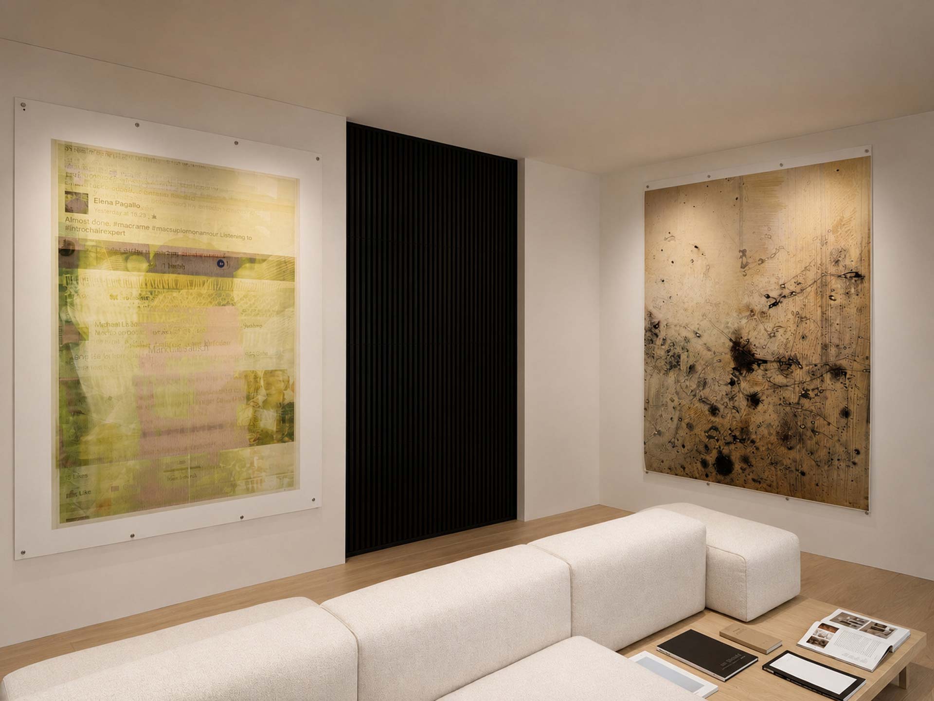2 large pieces of art hanging against a white background